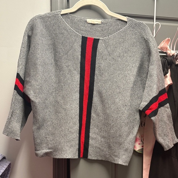 La Hearts Sweaters - Grey Sweater with Red and Black Stripes rounded neckline NWOT